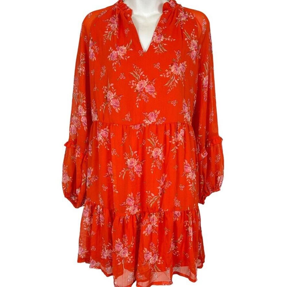 Vince Camuto Womens Orange Fairy Floral Lined Long Sheer Sleeve Dress Boho sz M